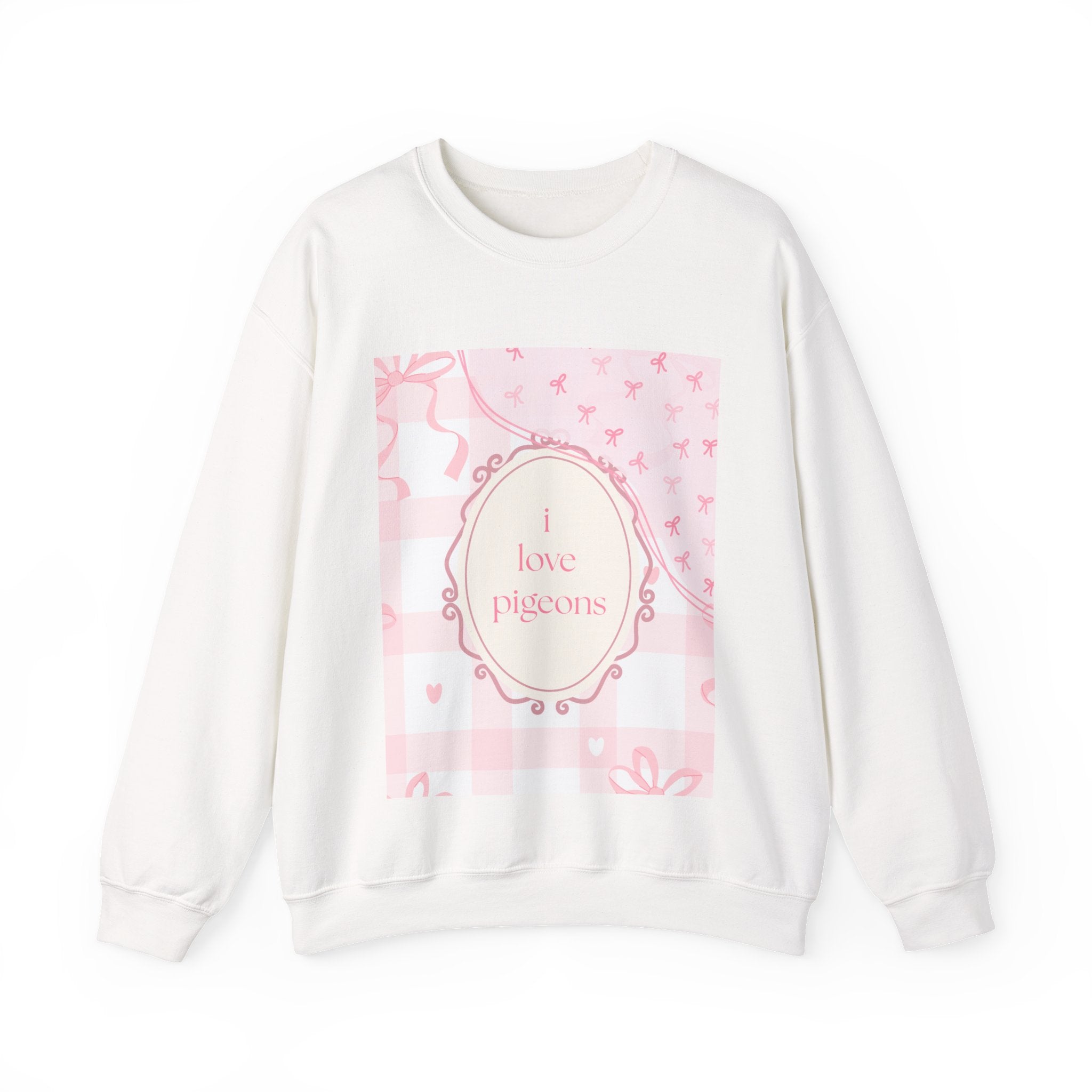 Crewneck Sweatshirt "I Love Pigeons" Pink Plaid Graphic