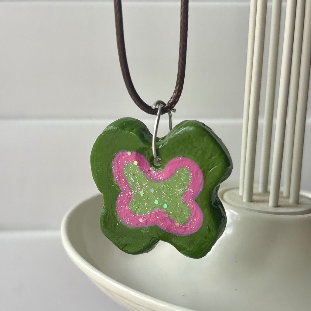 Pink and green butterfly necklace