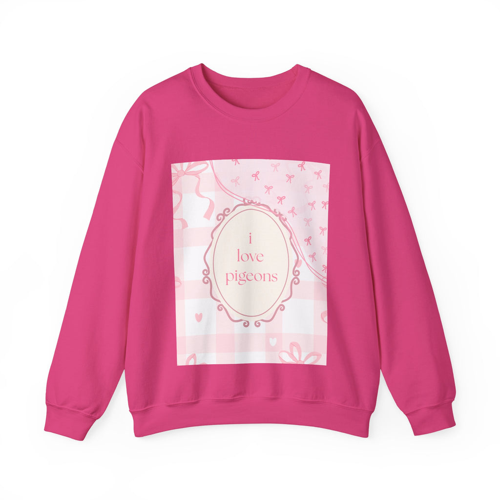 Crewneck Sweatshirt "I Love Pigeons" Pink Plaid Graphic