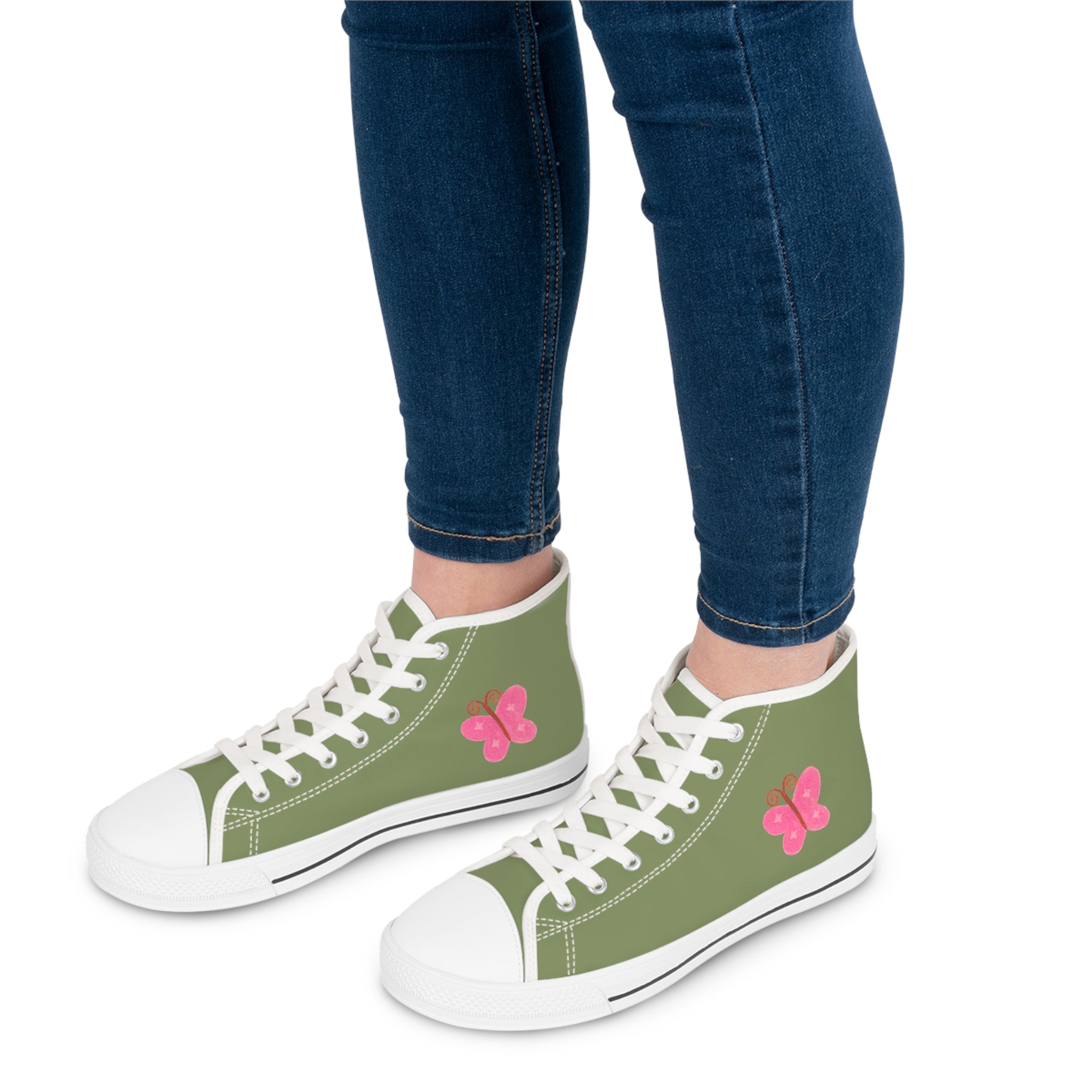 Olive Green High-Top Sneakers with Pink Butterfly (Women's Casual Trainers)