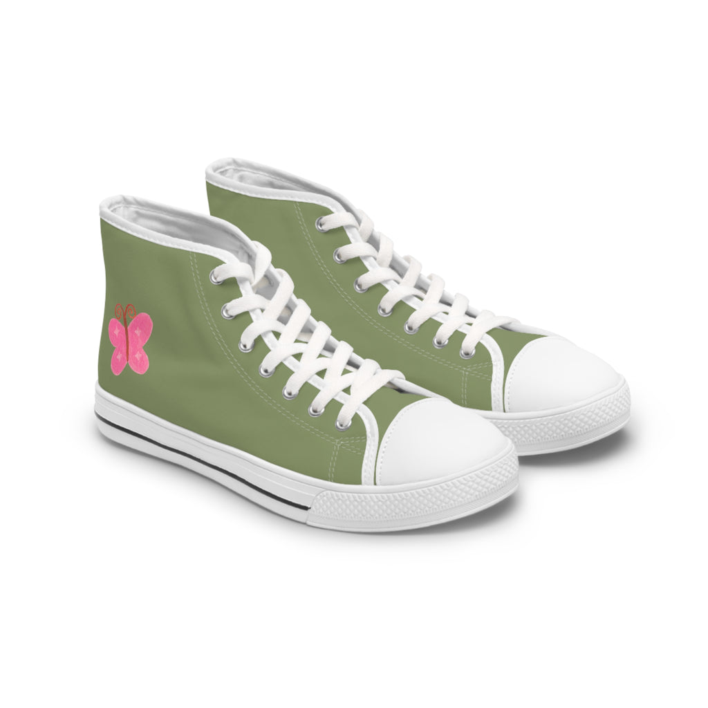 Olive Green High-Top Sneakers with Pink Butterfly (Women's Casual Trainers)