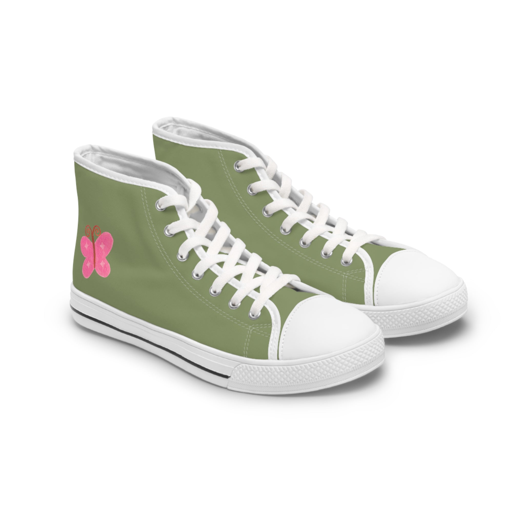 Olive Green High-Top Sneakers with Pink Butterfly (Women's Casual Trainers)