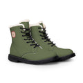 Women's Fur-Lined Leather Boots: Olive Green Winter Ankle Boots with Cute Apple Patch
