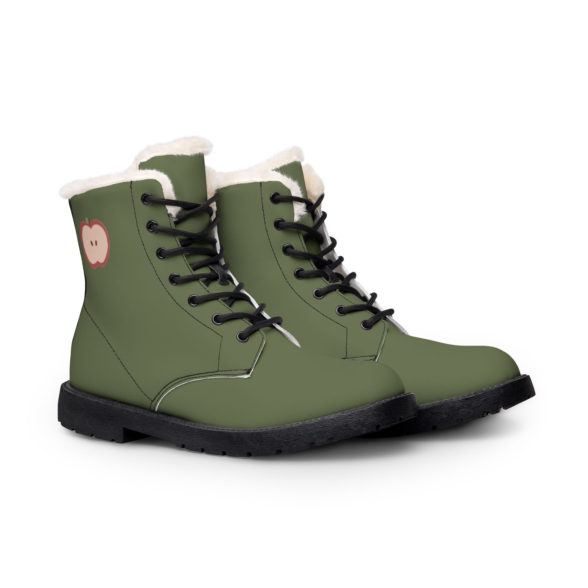 Women's Fur-Lined Leather Boots: Olive Green Winter Ankle Boots with Cute Apple Patch
