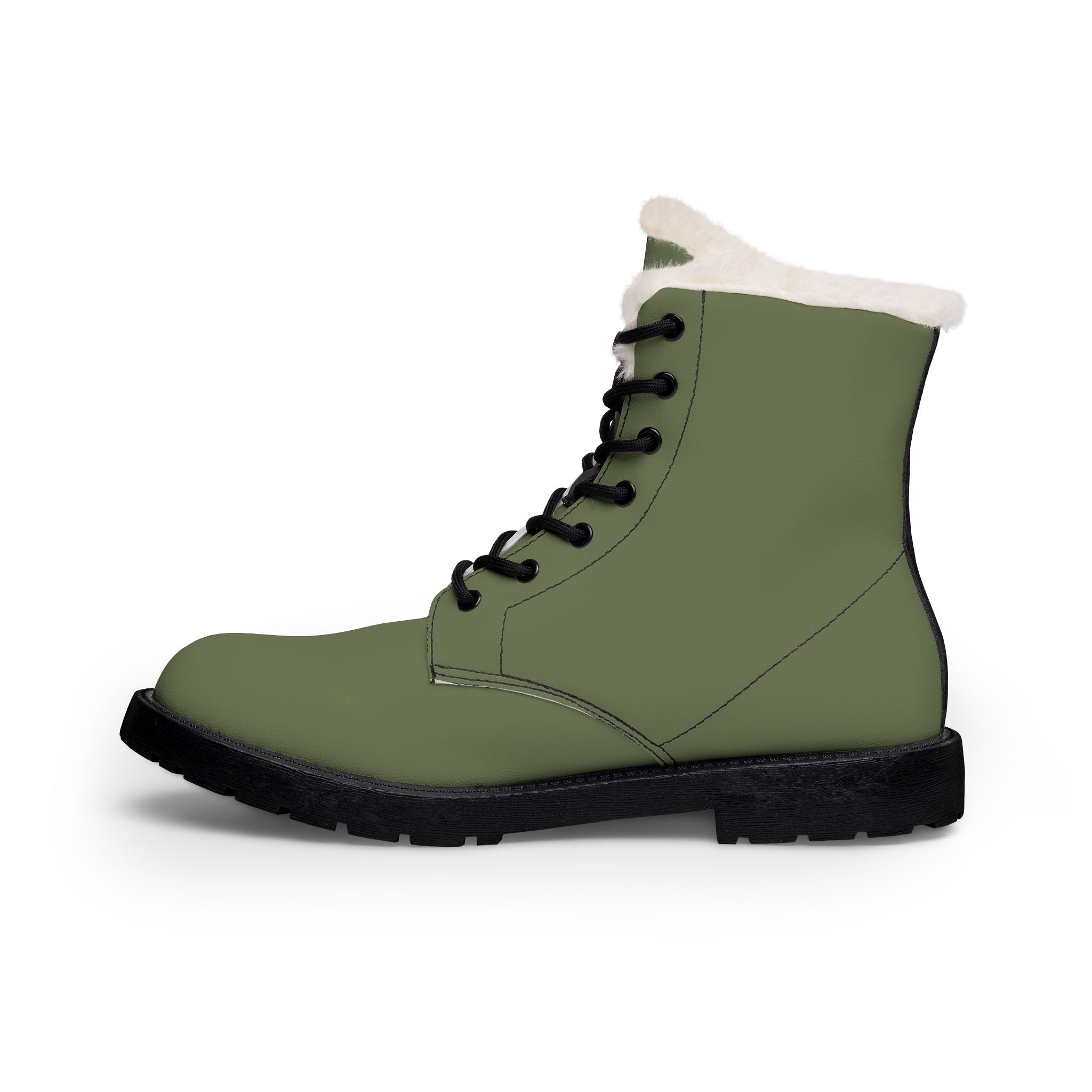 Women's Fur-Lined Leather Boots: Olive Green Winter Ankle Boots with Cute Apple Patch