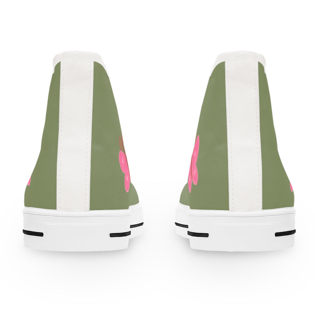 Olive Green High-Top Sneakers with Pink Butterfly (Women's Casual Trainers)