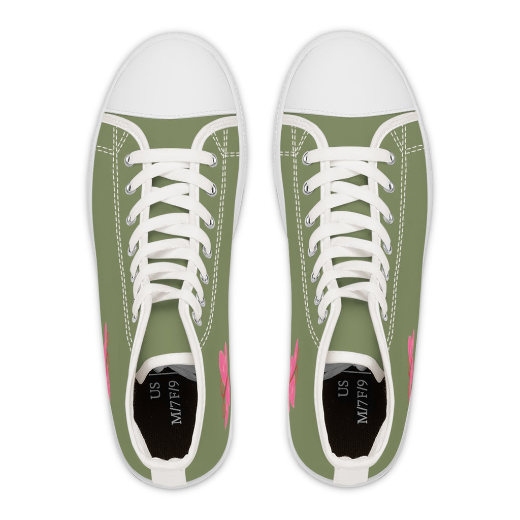 Olive Green High-Top Sneakers with Pink Butterfly (Women's Casual Trainers)