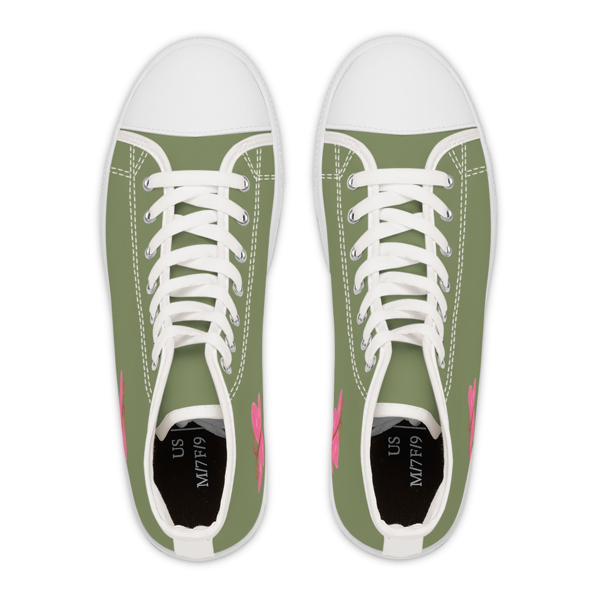 Olive Green High-Top Sneakers with Pink Butterfly (Women's Casual Trainers)