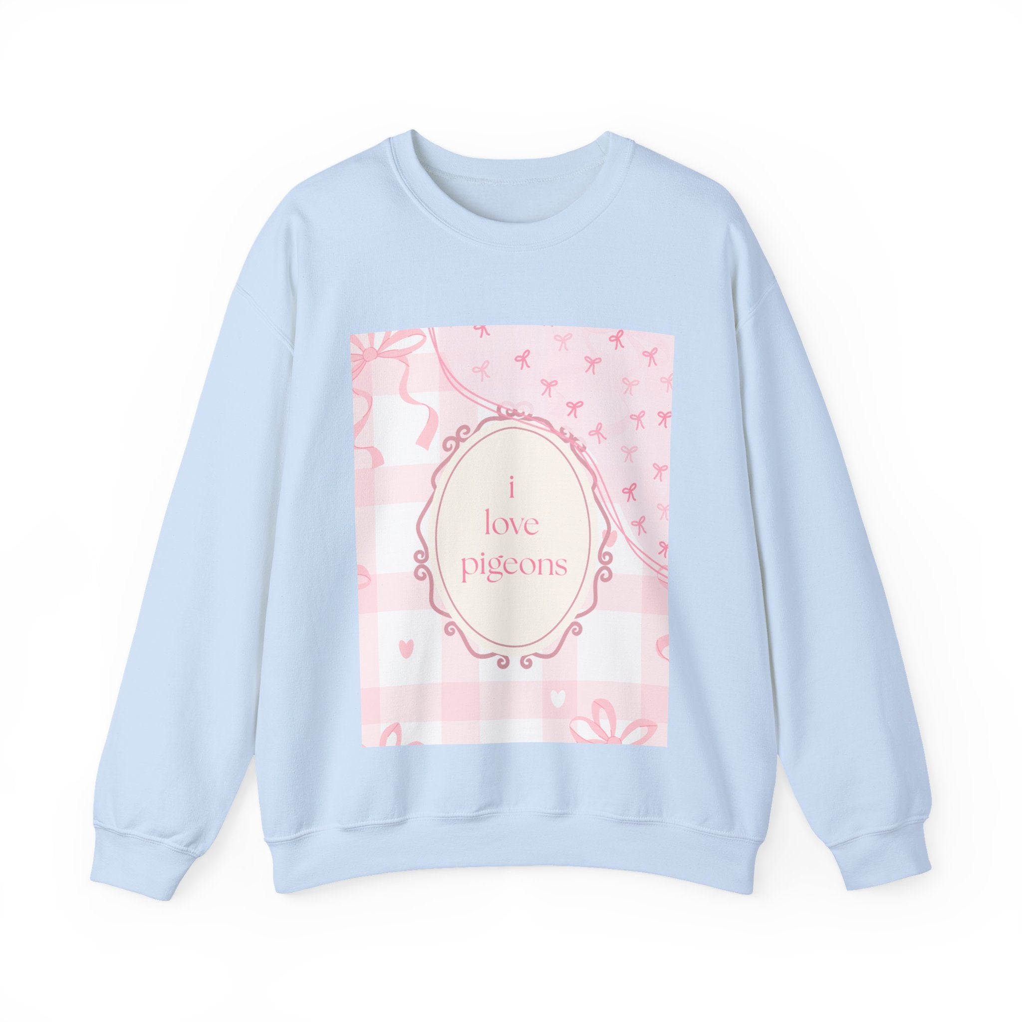 Crewneck Sweatshirt "I Love Pigeons" Pink Plaid Graphic