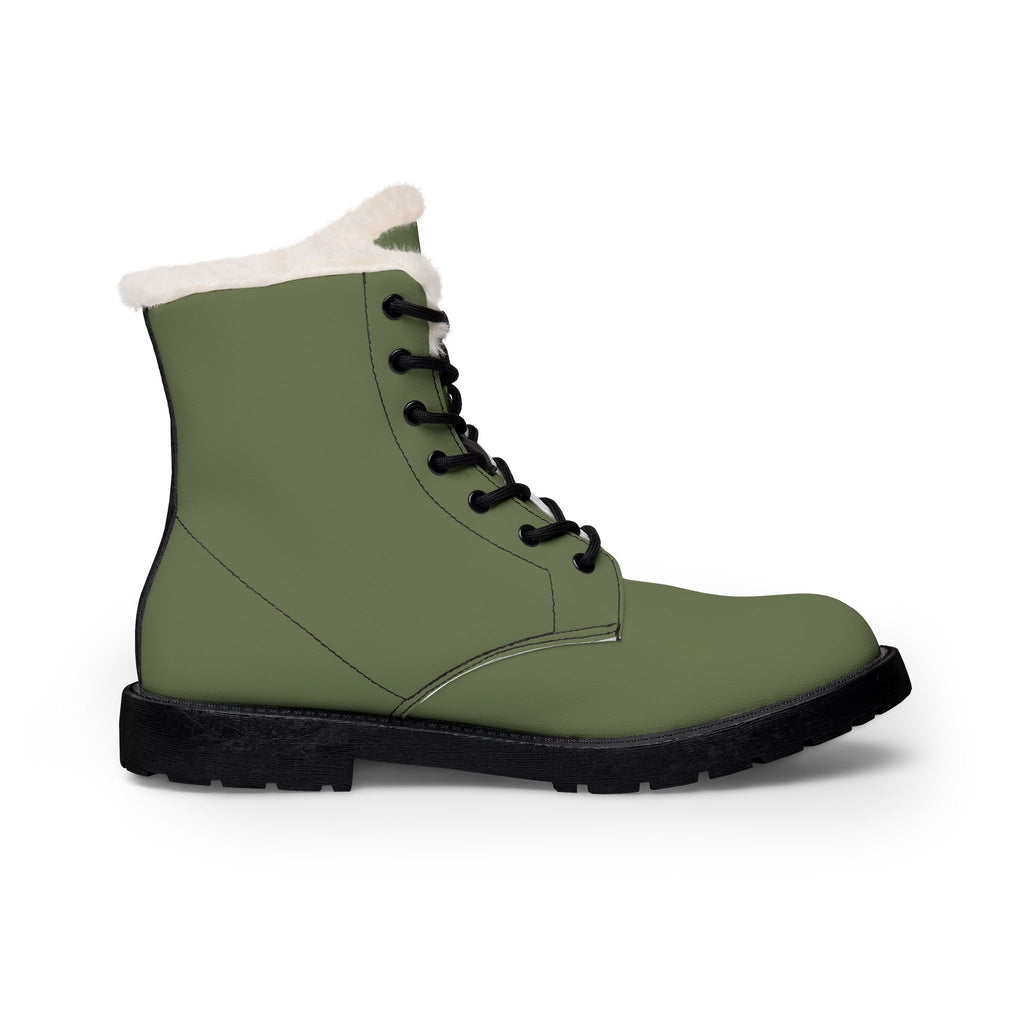 Women's Fur-Lined Leather Boots: Olive Green Winter Ankle Boots with Cute Apple Patch
