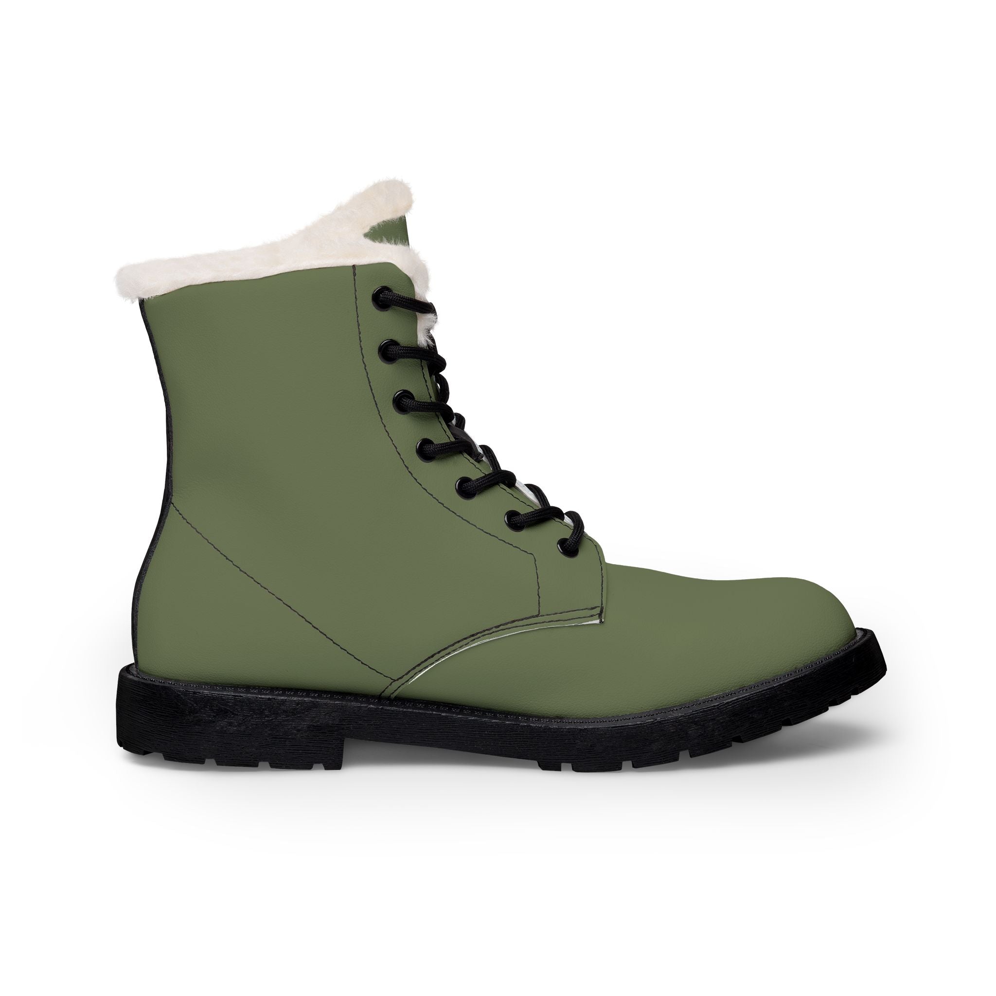 Women's Fur-Lined Leather Boots: Olive Green Winter Ankle Boots with Cute Apple Patch