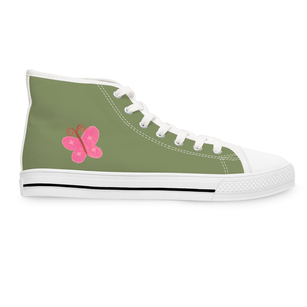 Olive Green High-Top Sneakers with Pink Butterfly (Women's Casual Trainers)