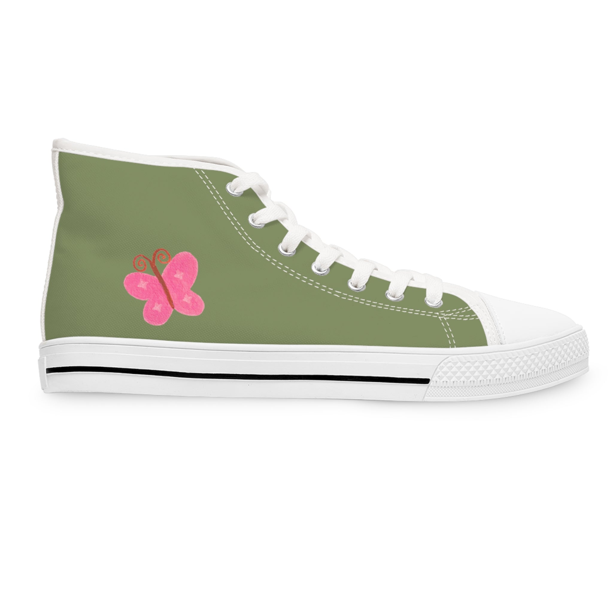 Olive Green High-Top Sneakers with Pink Butterfly (Women's Casual Trainers)