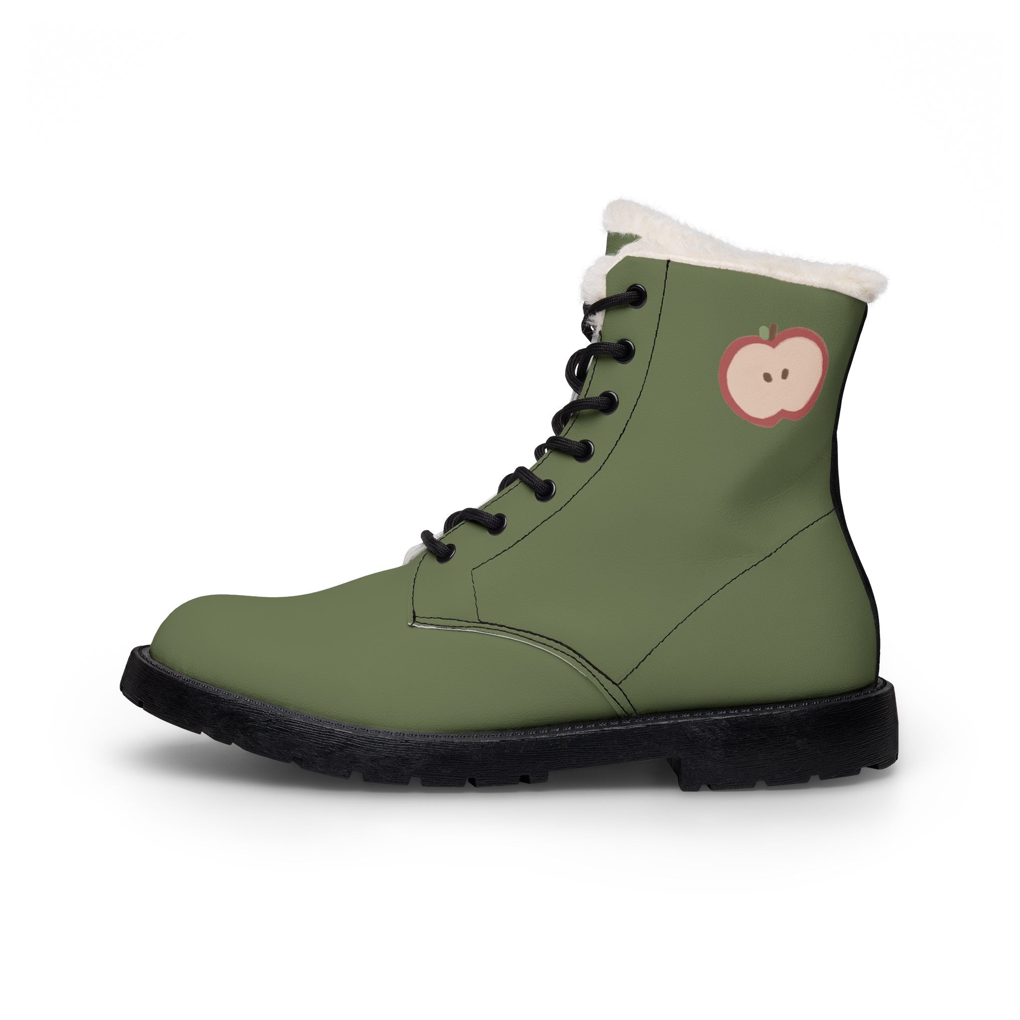 Women's Fur-Lined Leather Boots: Olive Green Winter Ankle Boots with Cute Apple Patch