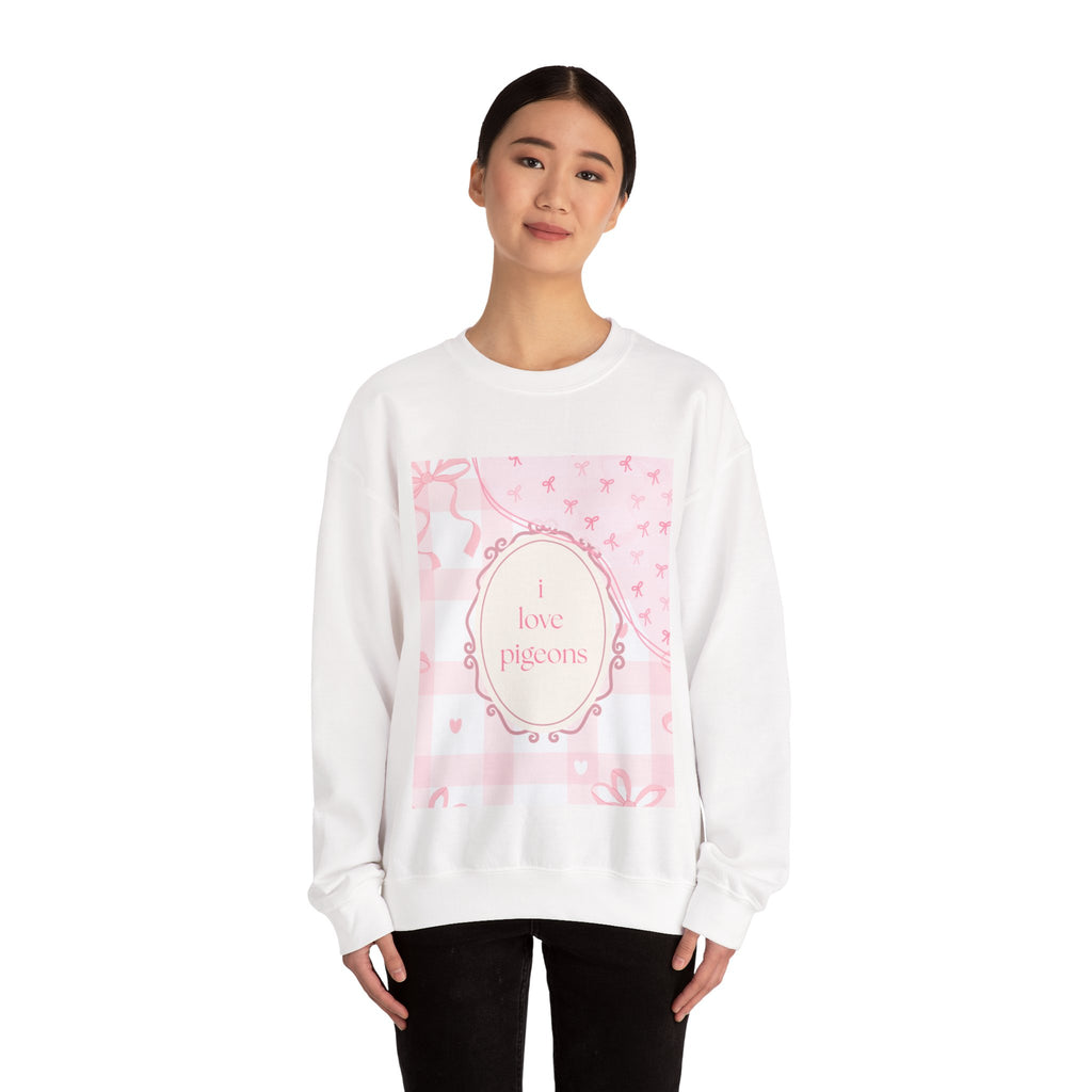 Crewneck Sweatshirt "I Love Pigeons" Pink Plaid Graphic