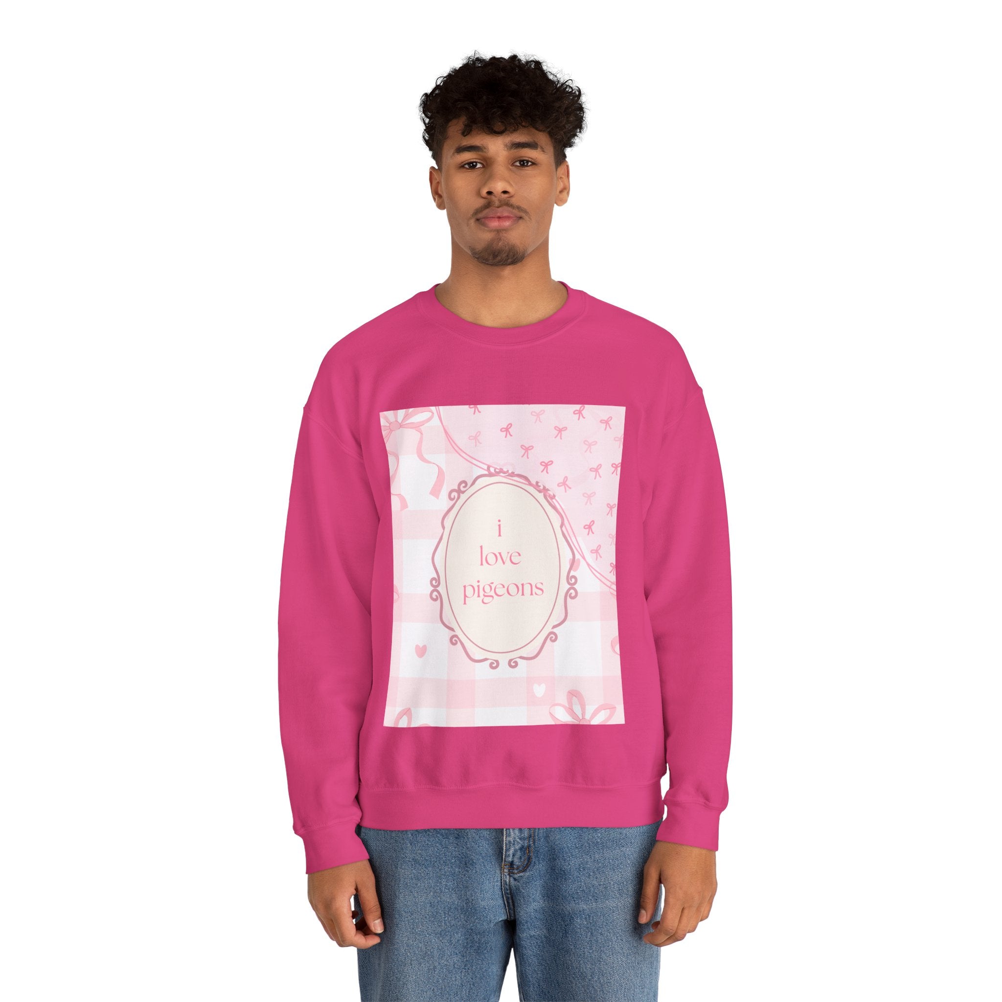Crewneck Sweatshirt "I Love Pigeons" Pink Plaid Graphic